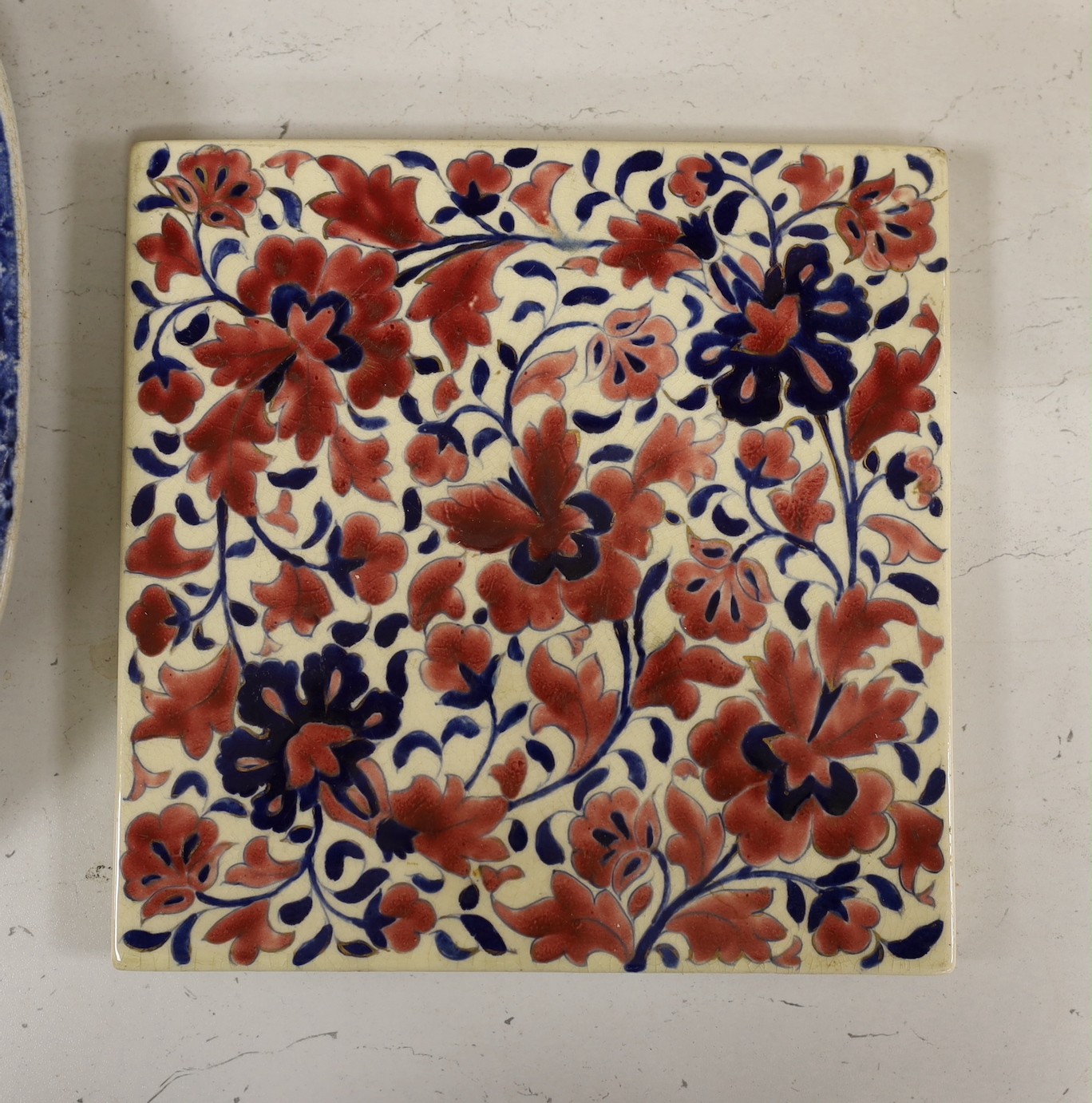 A quantity of late 18th and early 19th century English ceramics including a Spode teapot and a large Austro-Hungarian ceramic tile